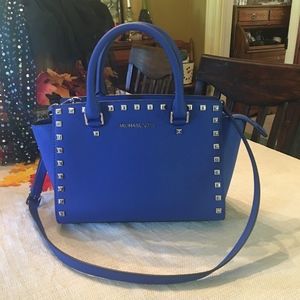 Michael Kors Selma Silver Stud Satchel in Blue EUC